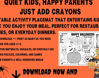Halloween Kids Activity Placemat: Printable Coloring Pages (Digital Download 8.5x11 & 11x17 Game for kids