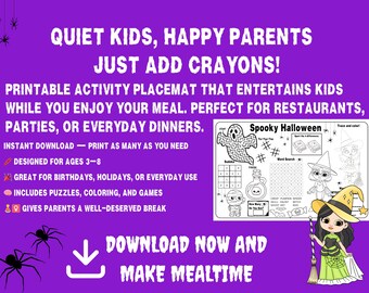 Halloween Activity Placemat: Spooky Games, Puzzles, Coloring (Digital Download) Game for kids