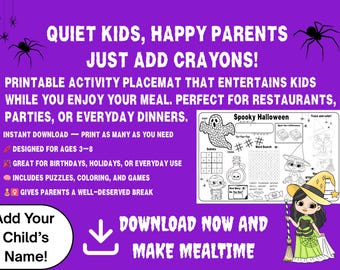 Editable Halloween Kids Placemat: Spooky Activity Sheet (Digital Download, PDF Template) Instant