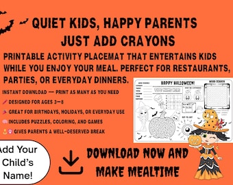 Editable Halloween Kids Placemat: Printable Activity Sheets (Digital Download) Instant