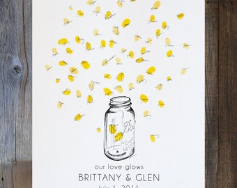 Wedding Guest Book Alternative, Wedding Keepsake, Rustic Wedding, Firefly Guestbook, Lightning Bugs Mason Jar, with yellow ink pad