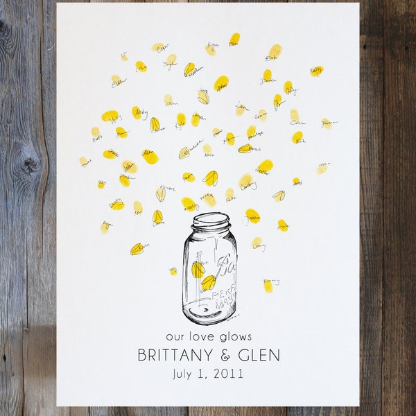 Wedding Guest Book Alternative, Wedding Keepsake, Rustic Wedding, Firefly Guestbook, Lightning Bugs Mason Jar, with yellow ink pad