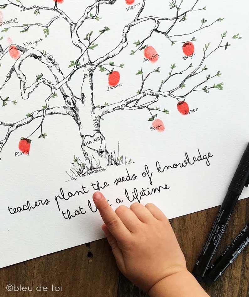 Fingerprint tree, Teacher appreciation, Apple tree artwork, Class Gift, school auction, Instant Download image 3