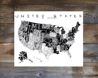 Instant Download, US Map Art, Map of United States, Modern style USA map black and white, U.S. map with states, USA Decor, black and white