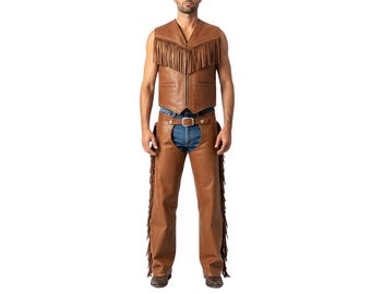 Handmade Leather Vest and Chaps Set | Western Cowboy Fringe Outfit