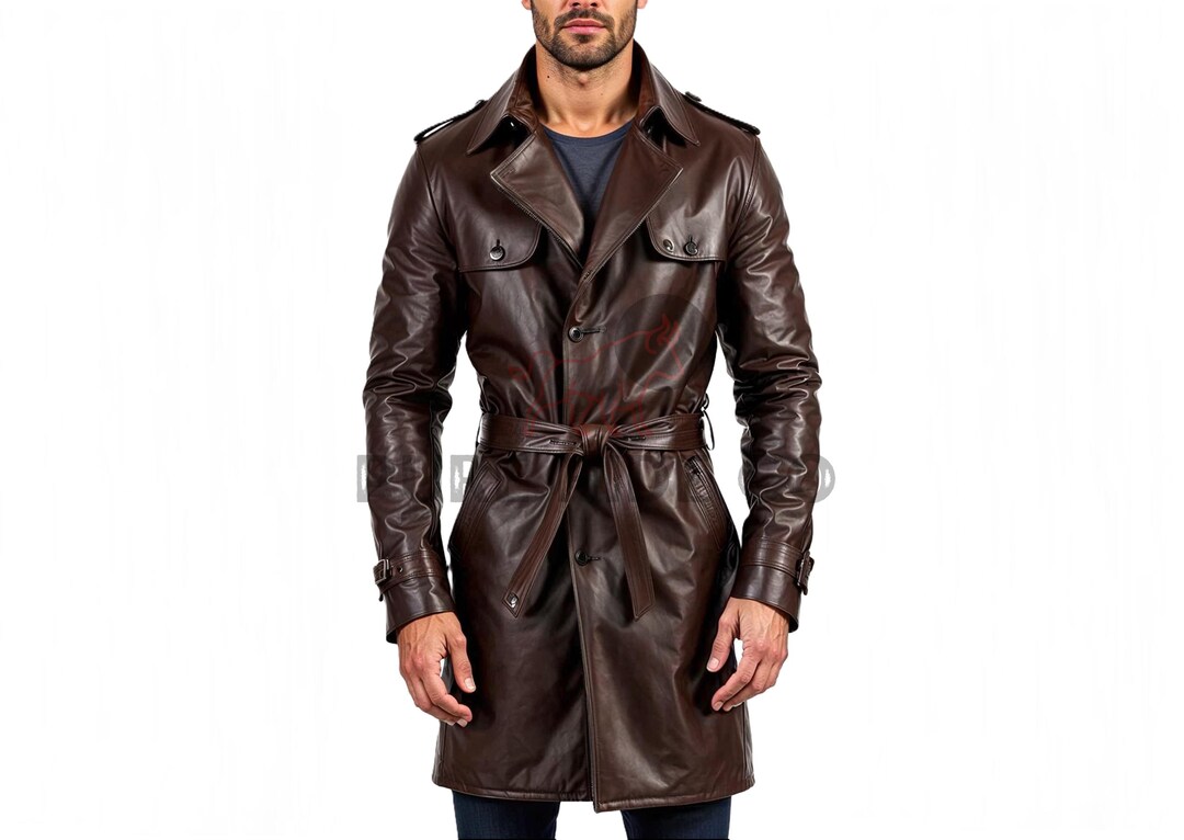 Genuine Leather Long Coat Men's Brown Genuine Leather Trench Coat