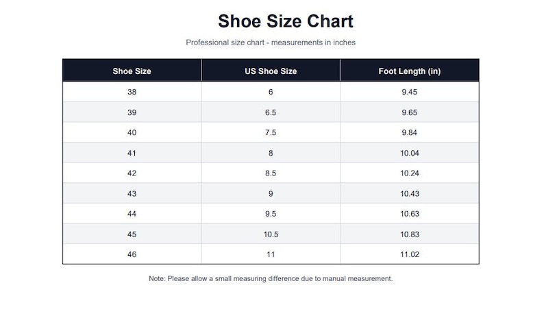 May include: A black and white shoe size chart with columns for Shoe Size, US Shoe Size, and Foot Length in inches. The table lists sizes from 38 to 46, corresponding US sizes from 6 to 11, and foot lengths ranging from 9.45 to 11.02 inches.