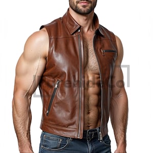 Men&#39;s Genuine Brown Leather Vest - Handmade Sleeveless Jacket, Western Biker Waistcoat, Vintage Style Slim Fit Vest, Real Leather Gilet