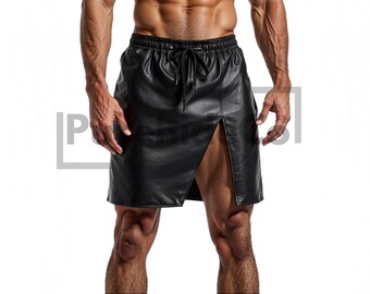 Kilt en cuir véritable pour homme avec fente haute - Jupe utilitaire gothique noire - Kilt spartiate taille haute - Kilt de festival écossais