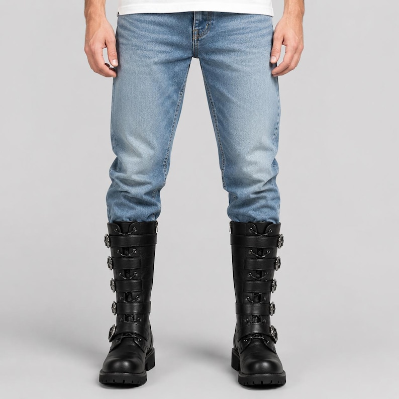 May include: Light blue denim jeans paired with black mid-calf boots. The boots feature a lace-up front design with five horizontal straps across the shaft, each secured by a circular metal buckle, and a thick, lugged rubber sole for traction.