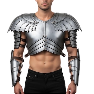 Silver Medieval Genuine Cow Leather Shoulder Armor with Bracers | Fantasy Knight Cosplay Pauldrons | LARP Renaissance Fair Warrior Costume