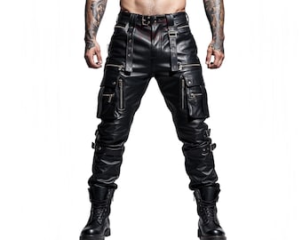 Handmade Genuine Leather Pants for Men | Slim Fit Biker Cargo Trousers | Gothic Utility Trousers | Heavy Duty Streetwear Outfit | Moto Pants