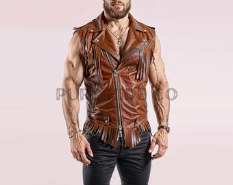 ハンドメイド 本革ベスト ブラウン フリンジ付き
