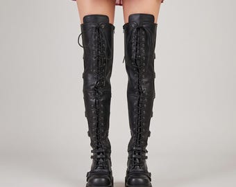 Gothic Platform Boots Over The Knee | Lace-Up Wedge Heel Combat Boots | Cosplay Festival Boots Women | Buckle Strap Tall Boots
