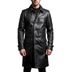 Men&#39;s Genuine Leather Long Trench Coat - Classic Black Full-Length Overcoat | Stylish Men&#39;s Leather Duster Jacket | Gothic Winter Long Coat