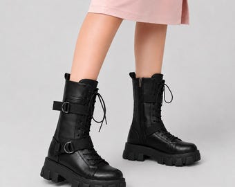 Motorcycle Boots Gothic Punk Mid Calf Lace Up Buckle Strap | Cosplay Combat Boots Platform Sole | Biker Boots for Women