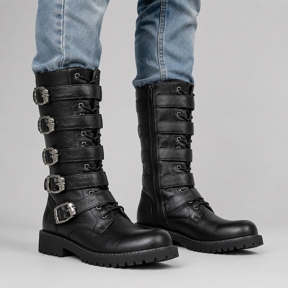 Gothic Biker Boots Tall Buckle Straps | Punk Rock Riding Boots Side Zip | Cosplay Combat Boots | Alternative Fashion Motorcycle Boots