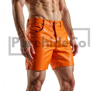 Men&#39;s Orange Genuine Leather Shorts | Handmade Leather Festival Shorts | Punk Clubwear | Funky Summer Shorts | High Waist Streetwear Shorts