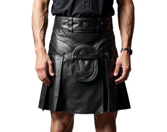 Kilt utilitaire en cuir noir pour homme fait main | Jupe guerrière gladiateur | Kilt en cuir Festival Wear | Kilt steampunk pour hommes | Kilt écossais