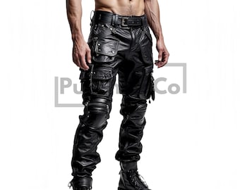 Men's Genuine Leather Cargo Pants - Handmade Black Utility Trousers - Gothic Techwear Pants - Heavy Duty Trousers - Biker Streetwear Pants
