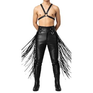 Mens Genuine Leather Fringe Pants With Harness | Western Tassels Cowboy Pants | Gothic Punk Biker Costume | Heavy Duty Streetwear Trousers