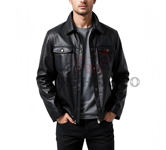 Men's Genuine Leather Jacket, Black Leather Biker Jacket, Slim Fit