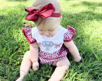 Baby Girls Game Day Gingham Bubble Romper | Alabama Crimson Tide Classic Spirit Wear | Baby Girl Roll Tide Outfit | Alabama Football Baby