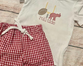Baby Boys and Toddler Boy AL Game Day Gingham Short and Shirt Set | Alabama Crimson Tide | Boy Roll Tide Outfit | Personalized Football AL