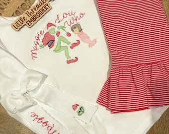 Vestito personalizzato Lou Who per bambine / Maglietta natalizia Mean One personalizzata per bambine e bambine piccole / Fiocco e pantaloni personalizzati / Natale
