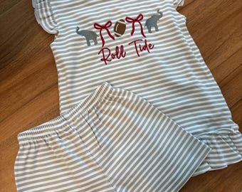 Girls Custom Striped Game Day Outfit | Alabama Crimson Baby Toddler Girl Outfit | Personalized Two Piece Pocket Dress Baby Girl Striped