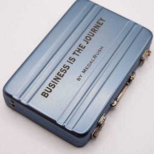 Sky Blue Suitcase Business Card Holder: Custom Engraved Metal Case