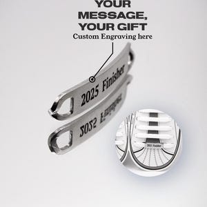 May include: A silver metal tag with the text "2025 Finisher" engraved on it. The tag has a curved shape with a hole on each end. The image also includes a close-up of a white and black shoe with the text "2025 Finisher".