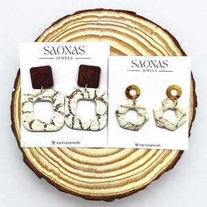 Geometric polymer clay earrings with gold details, elegant and modern design, lightweight handmade jewelry for women