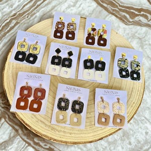 Square polymer clay earrings | Neutral and gold tones | Handmade | Modern, lightweight, and elegant | Gift for women