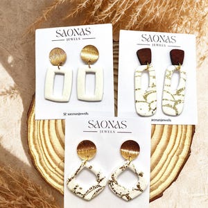 White polymer clay earrings with gold details | Handmade | Modern geometric style | Elegant gift for women