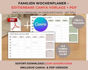 Family Weekly Planner Canva Template and PDF | Family Weekly Planner A4 | Editable, Printable, Beige & Sage | For 2-5 People | A4 Landscape Format