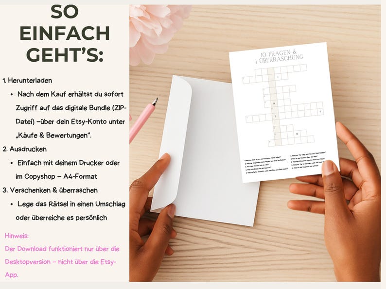 May include: A white envelope and a crossword puzzle are held on a wooden surface. The crossword puzzle is titled "10 Questions & 1 Surprise." Text in German explains how to download, print, and give the puzzle. A pink pen is also visible.