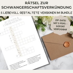 May include: A white paper with a crossword puzzle and the text "10 FRAGEN & 1 &Uuml;BERRASCHUNG" is displayed. A brown envelope with a gold wax seal is next to the paper. The text "R&Auml;TSEL ZUR SCHWANGERSCHAFTSVERK&Uuml;NDUNG" is at the top.