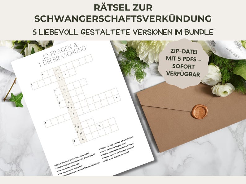 May include: A white paper with a crossword puzzle and the text "10 FRAGEN & 1 &Uuml;BERRASCHUNG" is displayed. A brown envelope with a gold wax seal is next to the paper. The text "R&Auml;TSEL ZUR SCHWANGERSCHAFTSVERK&Uuml;NDUNG" is at the top.