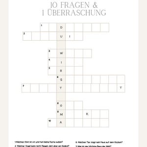 May include: A cream-coloured crossword puzzle with the title "10 FRAGEN & 1 &Uuml;BERRASCHUNG" at the top. The puzzle features numbered clues and a grid for answers. The questions are written in German.