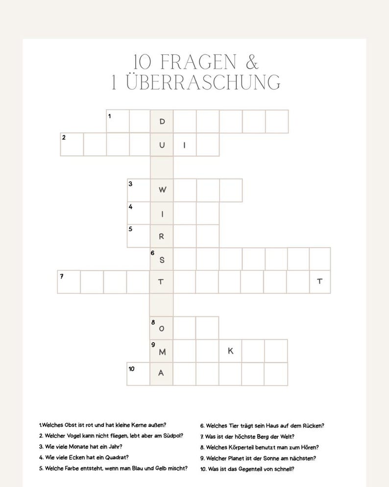 May include: A cream-coloured crossword puzzle with the title "10 FRAGEN & 1 &Uuml;BERRASCHUNG" at the top. The puzzle features numbered clues and a grid for answers. The questions are written in German.