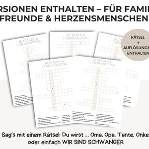 May include: Several white paper sheets with crossword puzzles and text. The text includes phrases like "16 questions & 1 surprise" and "Say it with a riddle: You will be... Grandma, Grandpa, Aunt, Uncle or simply WE ARE PREGNANT."