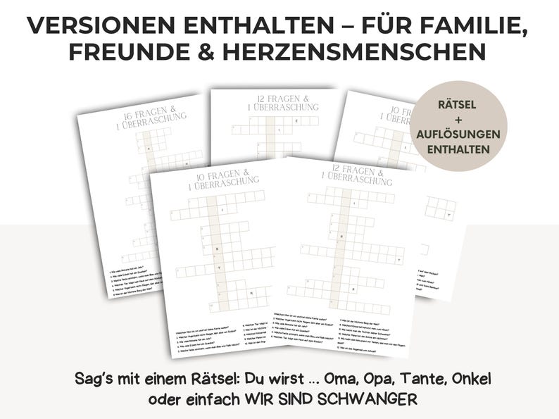 May include: Several white paper sheets with crossword puzzles and text. The text includes phrases like "16 questions & 1 surprise" and "Say it with a riddle: You will be... Grandma, Grandpa, Aunt, Uncle or simply WE ARE PREGNANT."
