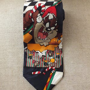 Cravatta vintage del 1995 colorata con diavolo della Tasmania, 100% seta, accessori da uomo