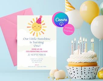 Uitnodiging voor verjaardagsfeestje Sunshine | Ons zonnetje | Bewerkbare directe download