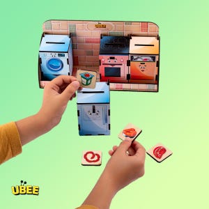 Montessori Household Sorter – 4 Wooden Appliance Boxes, Stand & 40 Sorting Tiles – Educational Toy for Toddlers