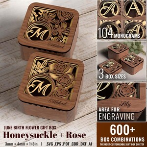 May include: Two wooden gift boxes with laser-cut floral designs and personalized monograms. The boxes feature a June birth flower theme, with honeysuckle and rose patterns. The boxes are available in three sizes and offer over 600 combinations.