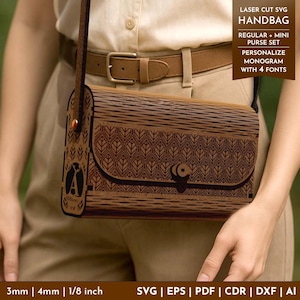 Pochette en bois, fichier svg découpé au laser, sac à main de sac à main, personnaliser monogramme personnalisé, Glowforge, svg de sac à main, pochette, modèle vectoriel CNC