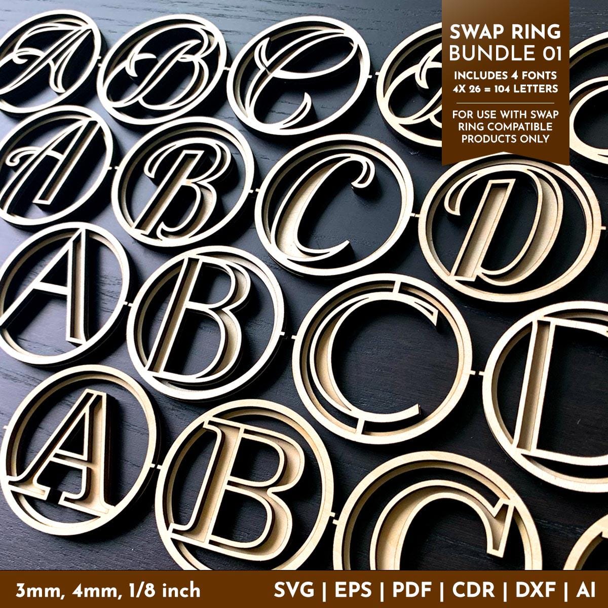 Swap Ring Bundle 01, SVG Font Bundle , 4 Fonts, 104 Letters, Alphabet Laser Cut File for Glowforge, xTool, Exclusive Use With Shop Items