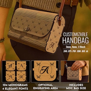 2 Purse Set, 104 Monogram Wooden Clutch Bag SVG, Customize Personalize, Laser Cut svg File, Glowforge, CNC Vector Template, Handbag Mini Bag